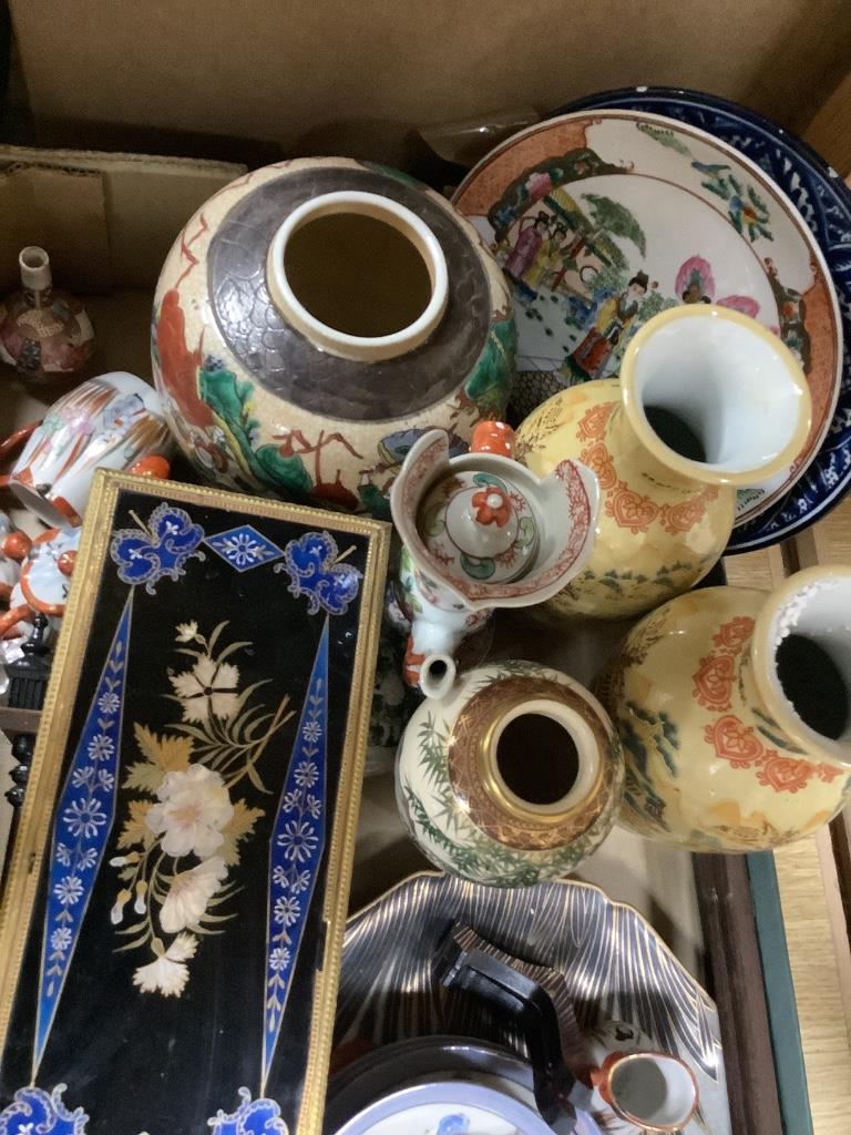 A quantity of Chinese enamelled ornaments, a Satsuma vase, a pair of slip cast ship plaques, a cased set of plated flatware etc